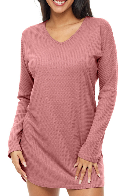 Women's Long Sleeve Knit Nightshirt, V-Neck Sleepshirt, Pajama TopRose Taupe M
