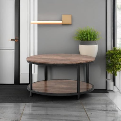 NSdirect 36" Round Coffee Table with Storage Shelf – Light Walnut