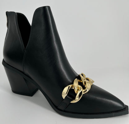 Black Women’s Pointed Toe Chunky Heel Western Ankle Boots with Chain, Size 11