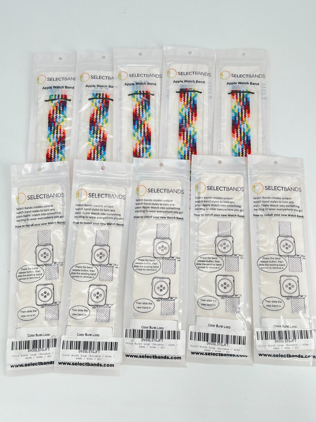 10-Pack  XS   Rainbow  Loop Watch Bands 0.8 x 5.8 Inch , Fits 42mm/44mm/45mm