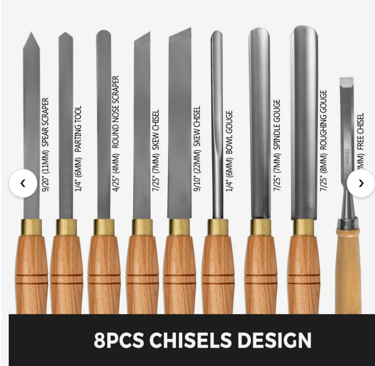 8 Piece Wood Lathe Chisel Set & Wooden Storage Case/bonus chisel