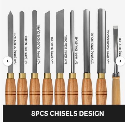 8 Piece Wood Lathe Chisel Set & Wooden Storage Case/bonus chisel