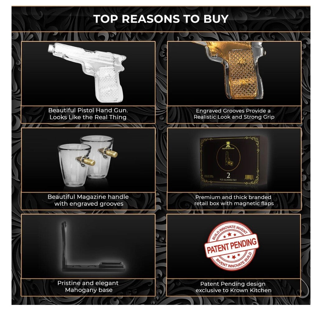 Gifts for Men Dad Whiskey Decanter Set 9 Oz with Two 2 Oz Glasses, Pistol Gun Bi