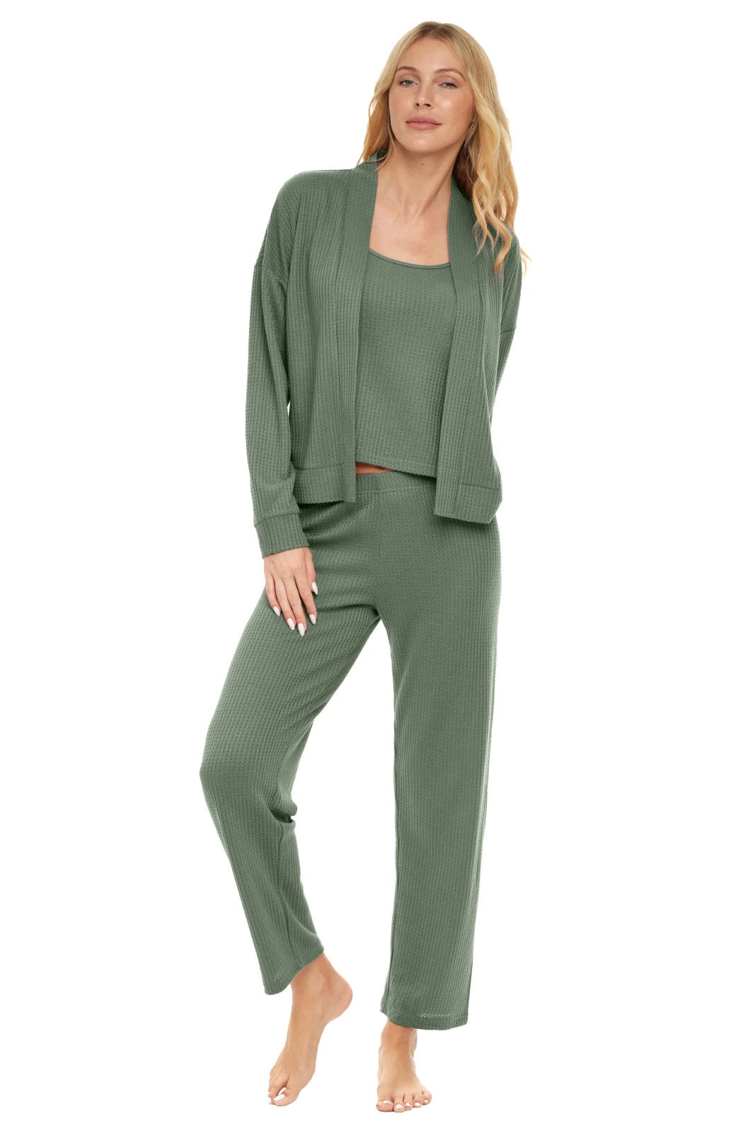 Women’s 3-Piece Knit Pajama Set – Color : Olive, Size L