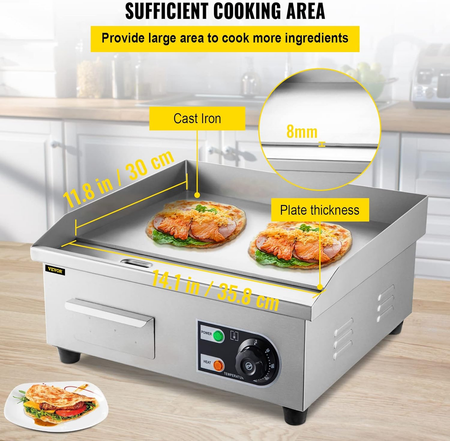 14" Commercial Electric Griddle,110V 1500W Electric Countertop Griddle Non-Stick