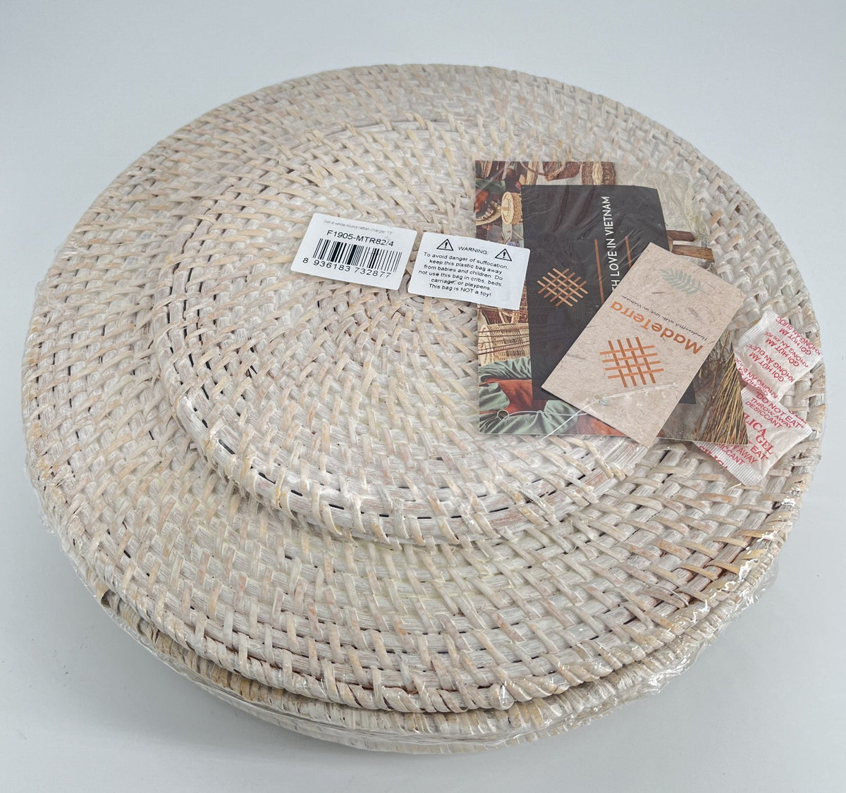 White Rattan Charger Plates 13" Set of 4 Rustic Woven Table Decor