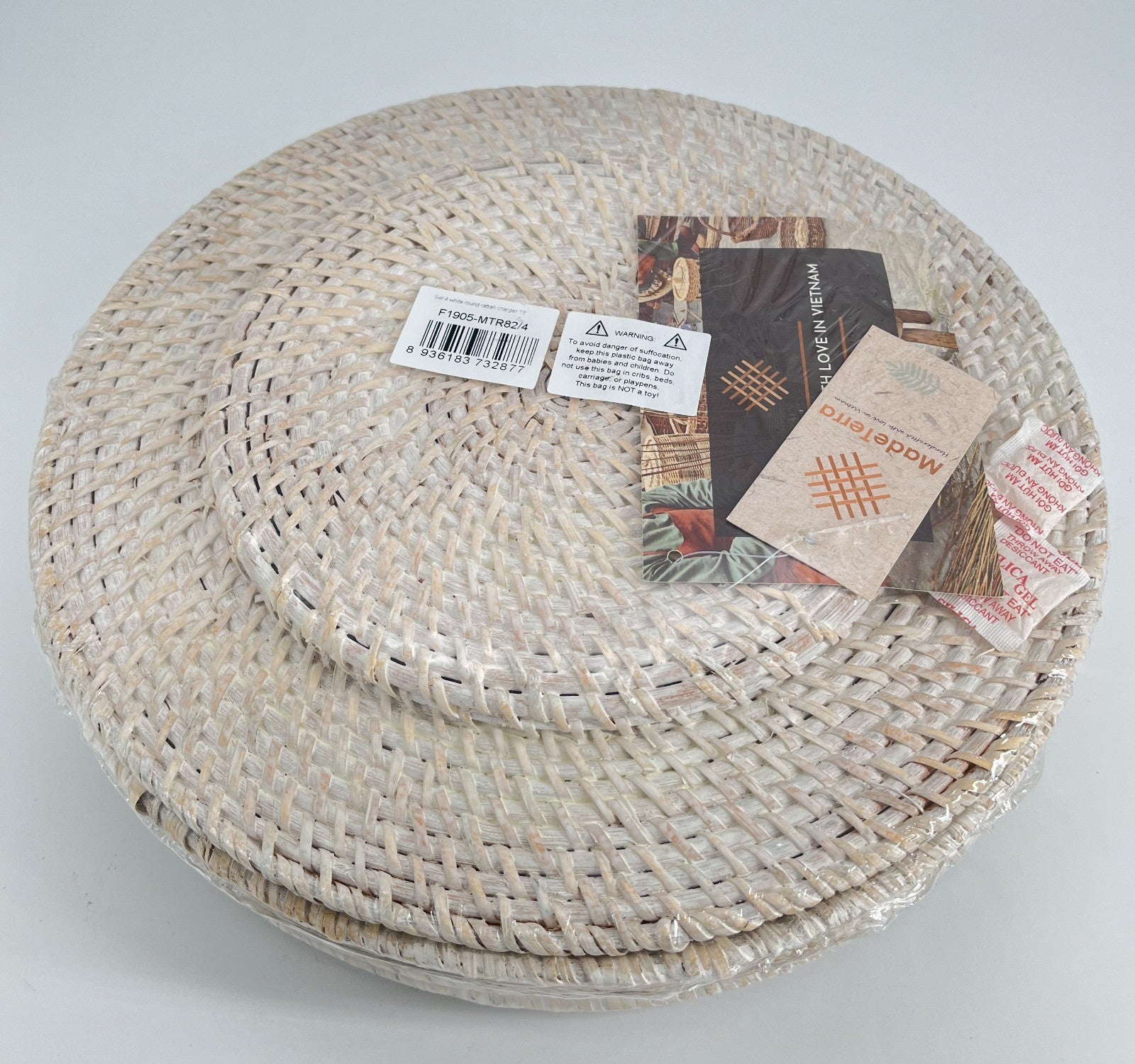 White Rattan Charger Plates 13" Set of 4 Rustic Woven Table Decor
