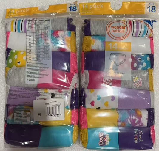 28PCS Wonder Nation Girls Cotton Brief Underwear, 14-Pack, Sizes 18