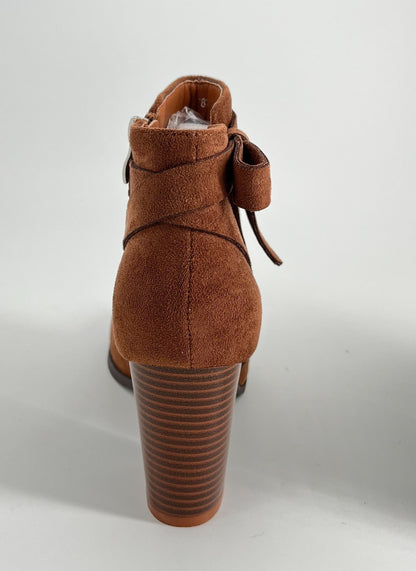 Women Bowknot Round Toe Short Boots Side Zipper Stacked Block High Heel Booties