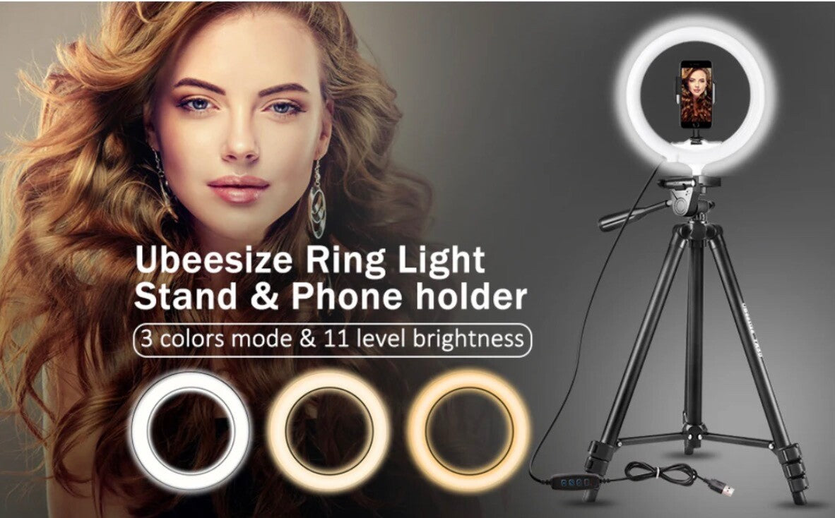 UBeesize 10.2" Selfie Ring Light with 50" Tripod Stand & Flexible Phone Holder f