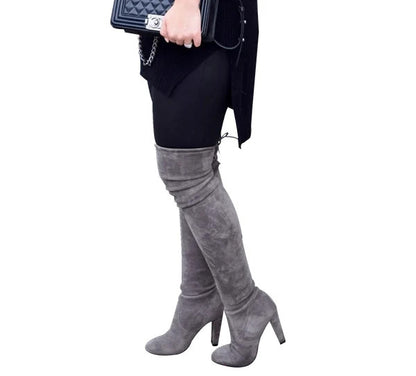 Slim Fit Over The Knee High Heel Boots， Dark Gray，Size:9.5.