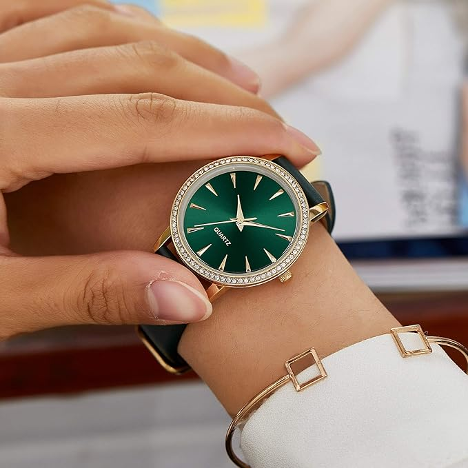 Japanese Quartz Fashion Waterproof Wrist Watch Women Crystal Dial Leather green