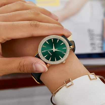 Japanese Quartz Fashion Waterproof Wrist Watch Women Crystal Dial Leather green