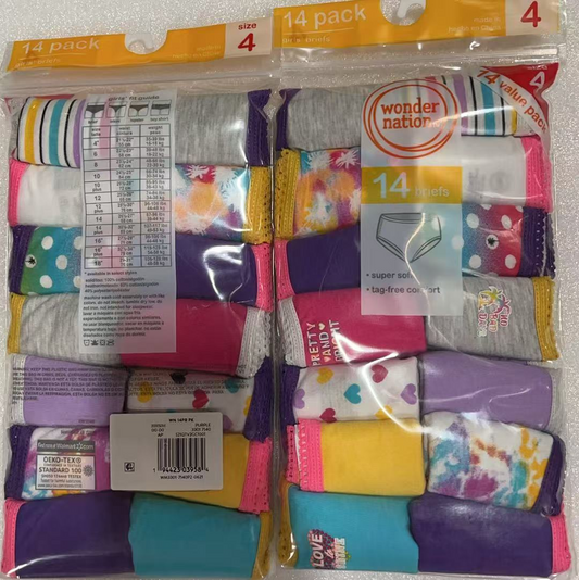 28PCS Wonder Nation Girls Cotton Brief Underwear, 14-Pack, Sizes 4