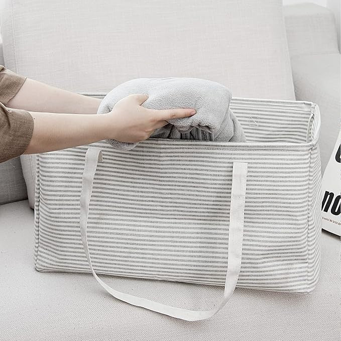 Foldable Waterproof Laundry Hamper Basket with Handles – Grey Stripe