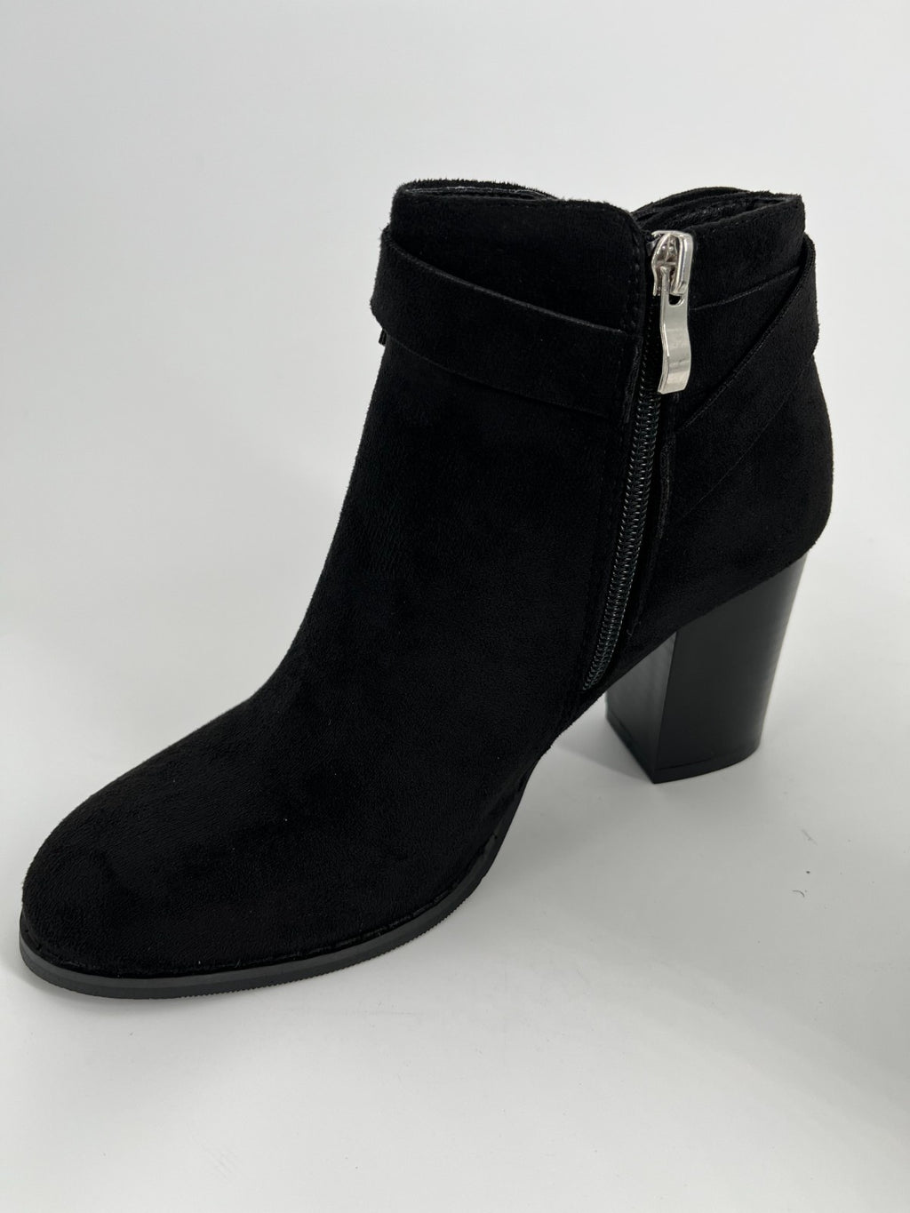 Women’s Black Suede Ankle Booties, Chunky High Heel, Side Zipper, Size 7