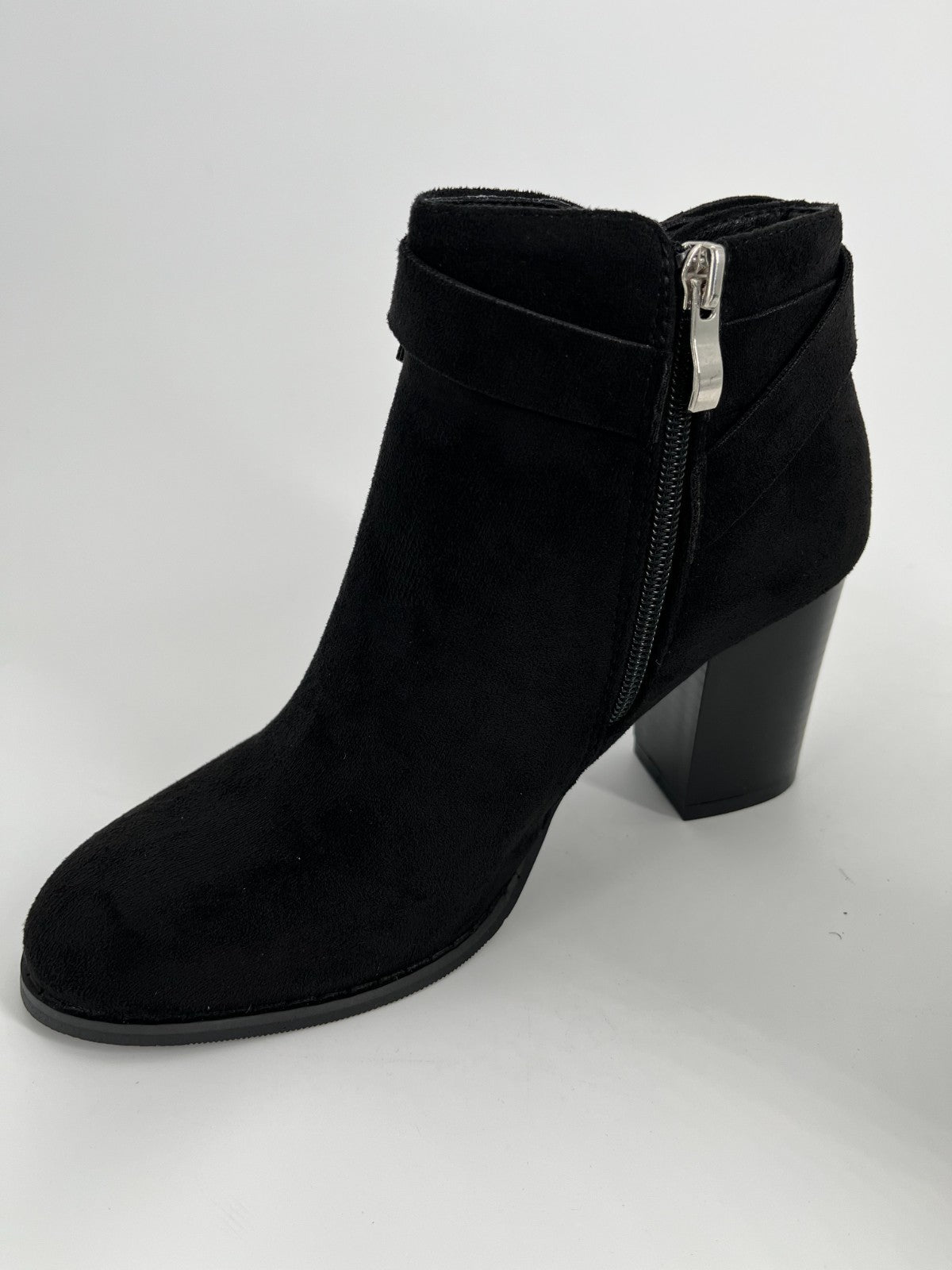 Women’s Black Suede Ankle Booties, Chunky High Heel, Side Zipper, Size 7