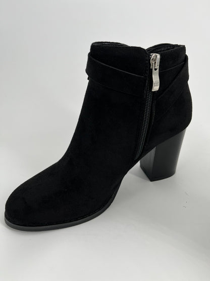 Women’s Black Suede Ankle Booties, Chunky High Heel, Side Zipper, Size 7