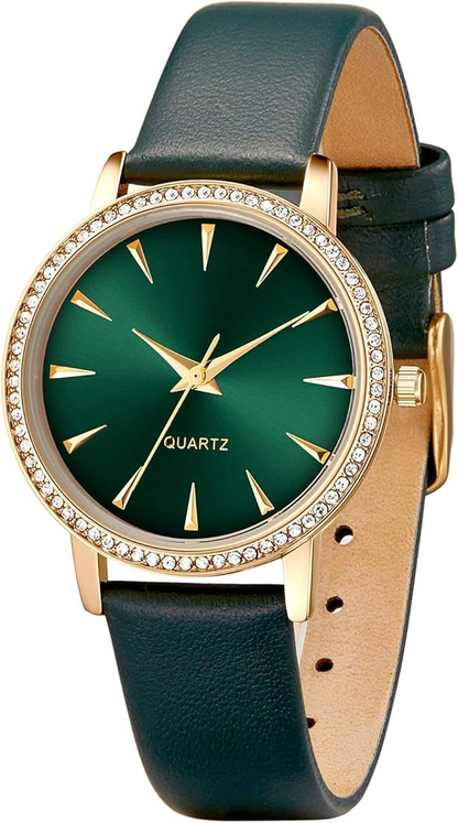 Japanese Quartz Fashion Waterproof Wrist Watch Women Crystal Dial Leather green