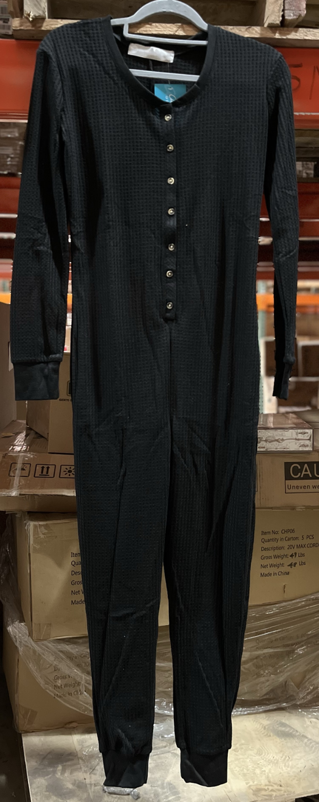 Women's Waffle Knit Thermal Pajama Romper，Color：Black Size:S