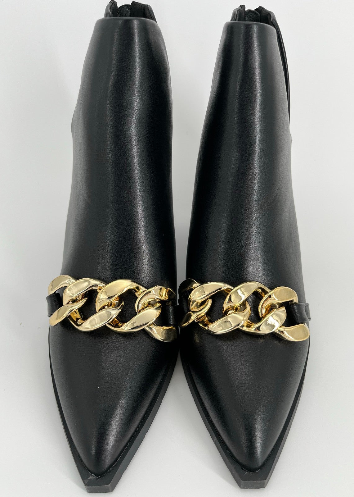 Black Women’s Pointed Toe Chunky Heel Western Ankle Boots with Chain, Size 11