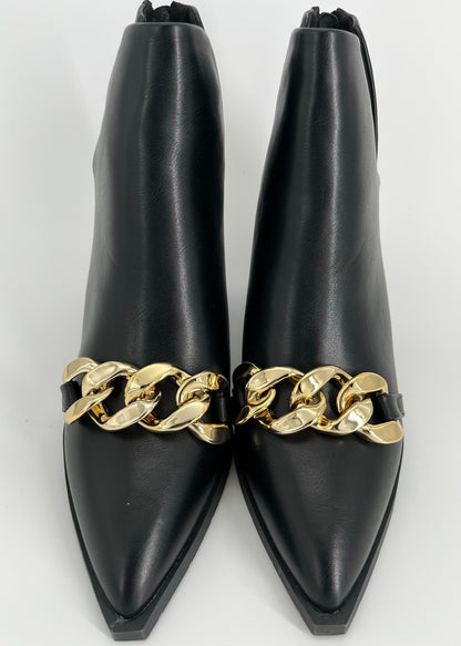 Black Women’s Pointed Toe Chunky Heel Western Ankle Boots with Chain, Size 11