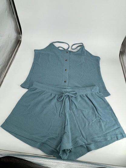Women's Knit Pajamas Set Sling button top and pajama shorts Sky blue XL