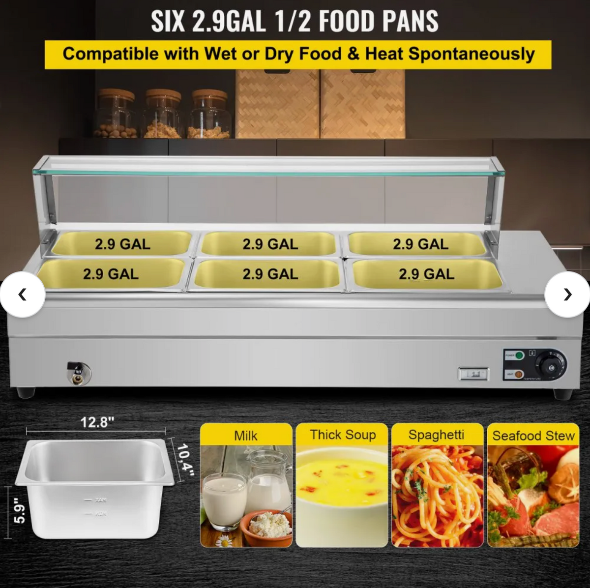 VEVOR 110V Bain Marie Food Warmer 6 Pan x 1/2 GN,Food Grade Stainelss Steel