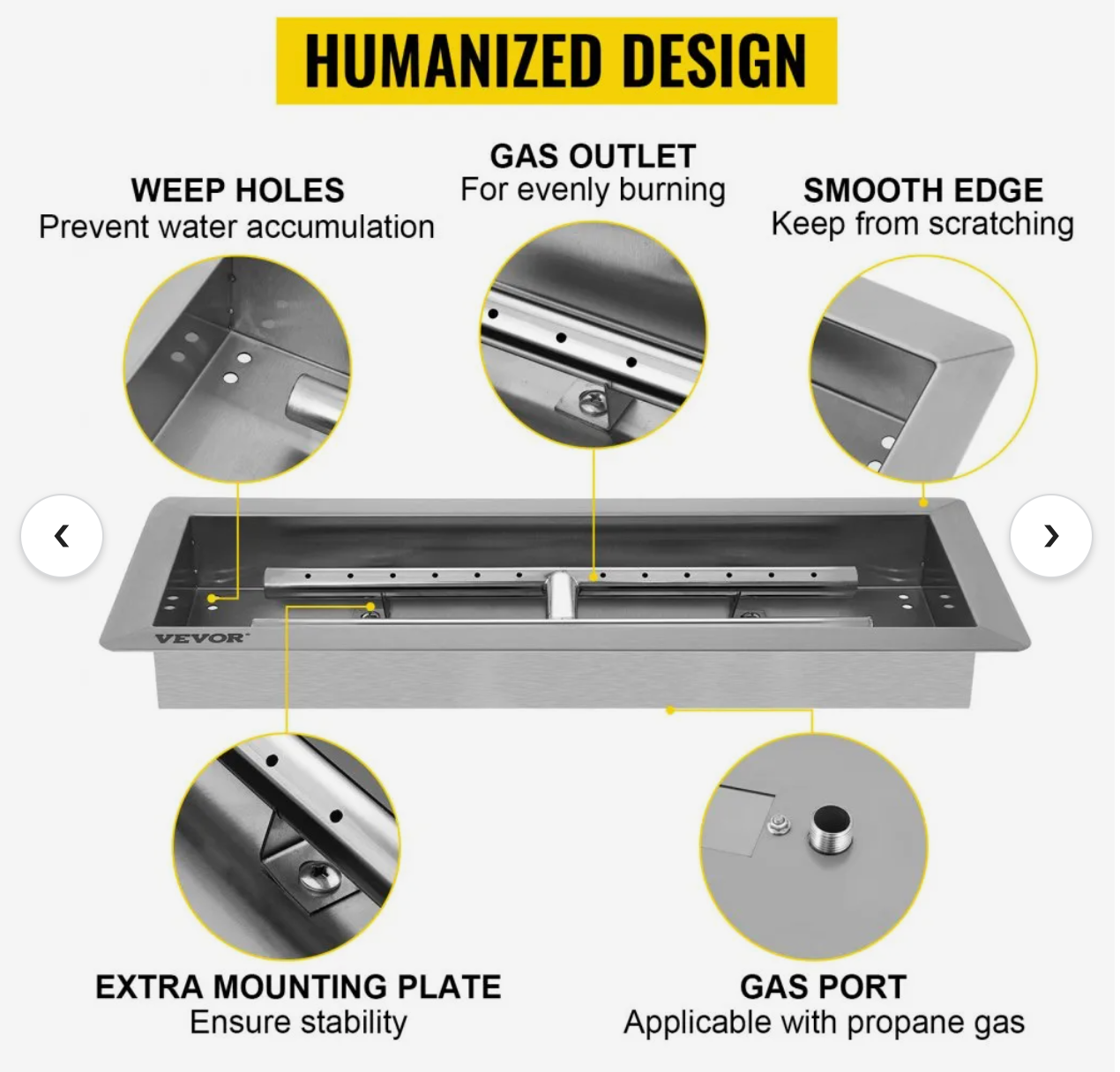 20.0x8.0 stainless steel fire pit pan with h-burner