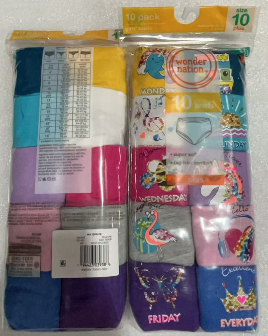 20PCS Wonder Nation 10 Pack Girls Briefs/Panties Size10Multi Color Days Of Week