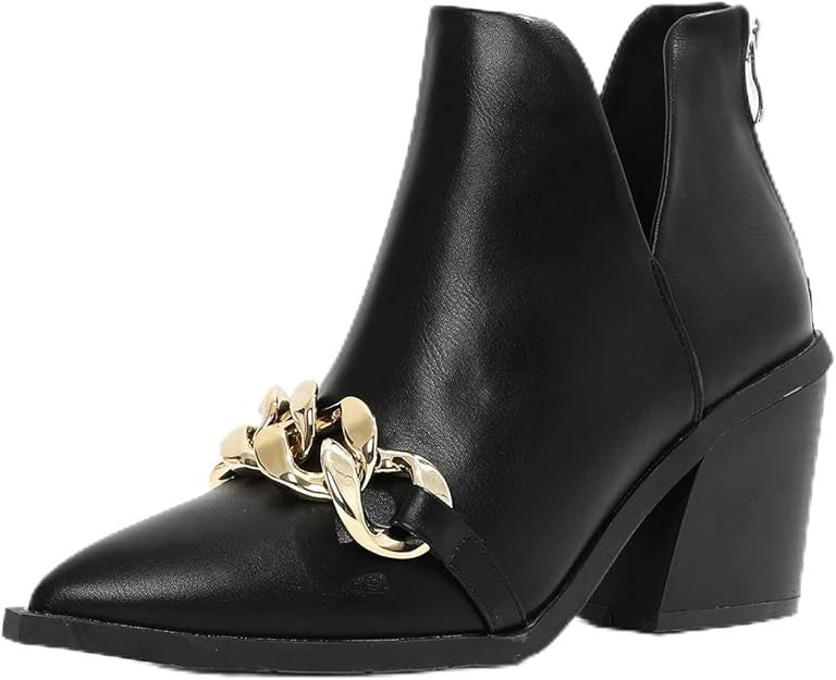 Black Women’s Pointed Toe Chunky Heel Western Ankle Boots with Chain, Size 11