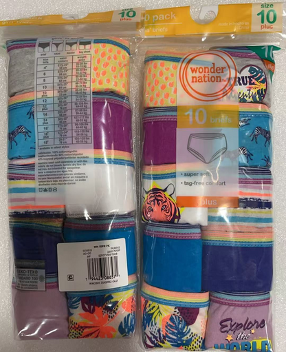 20PCS Wonder Nation Girls Cotton Brief Underwear, 10-Pack, Sizes 10 & Plus