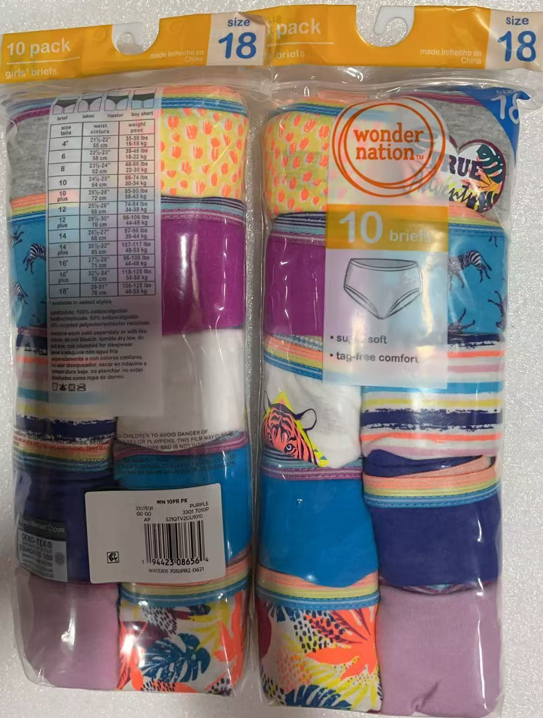 20PCS Wonder Nation Girls Cotton Brief Underwear, 10-Pack, Sizes 18 & Plus