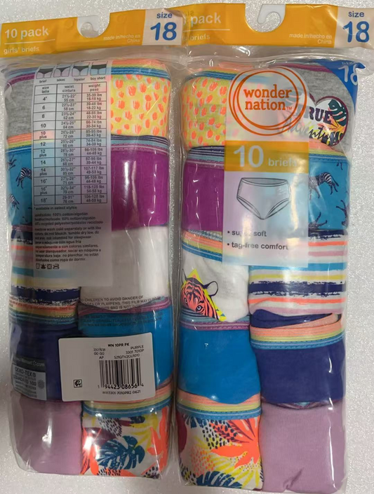 20PCS Wonder Nation Girls Cotton Brief Underwear, 10-Pack, Sizes 18 & Plus