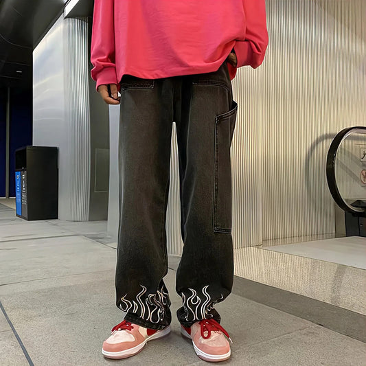 Jeans Vintage Hip Hop Clothes Cargo Pants Man Streetwear Y2k Flame Embroidery Je