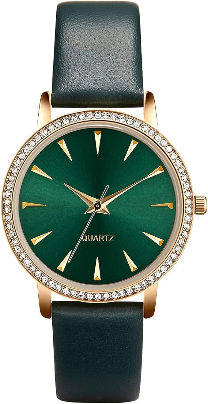 Japanese Quartz Fashion Waterproof Wrist Watch Women Crystal Dial Leather green