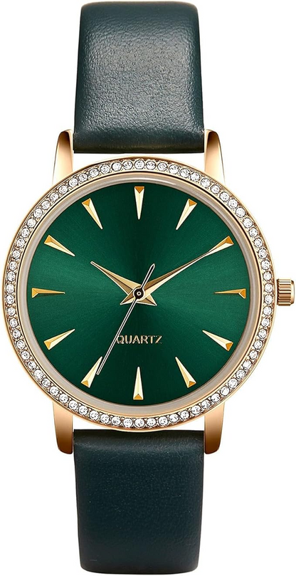Japanese Quartz Fashion Waterproof Wrist Watch Women Crystal Dial Leather green