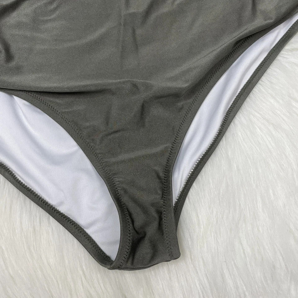 2XL Women Ruched Cutout Halter Self Tied Bathing Suit olive gree