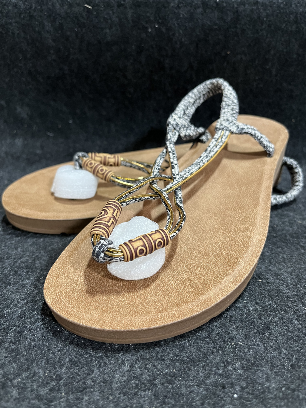 Women Strappy Flat Sandals Boho Lace up Beach Sandals  Size 8,Color:Black+White