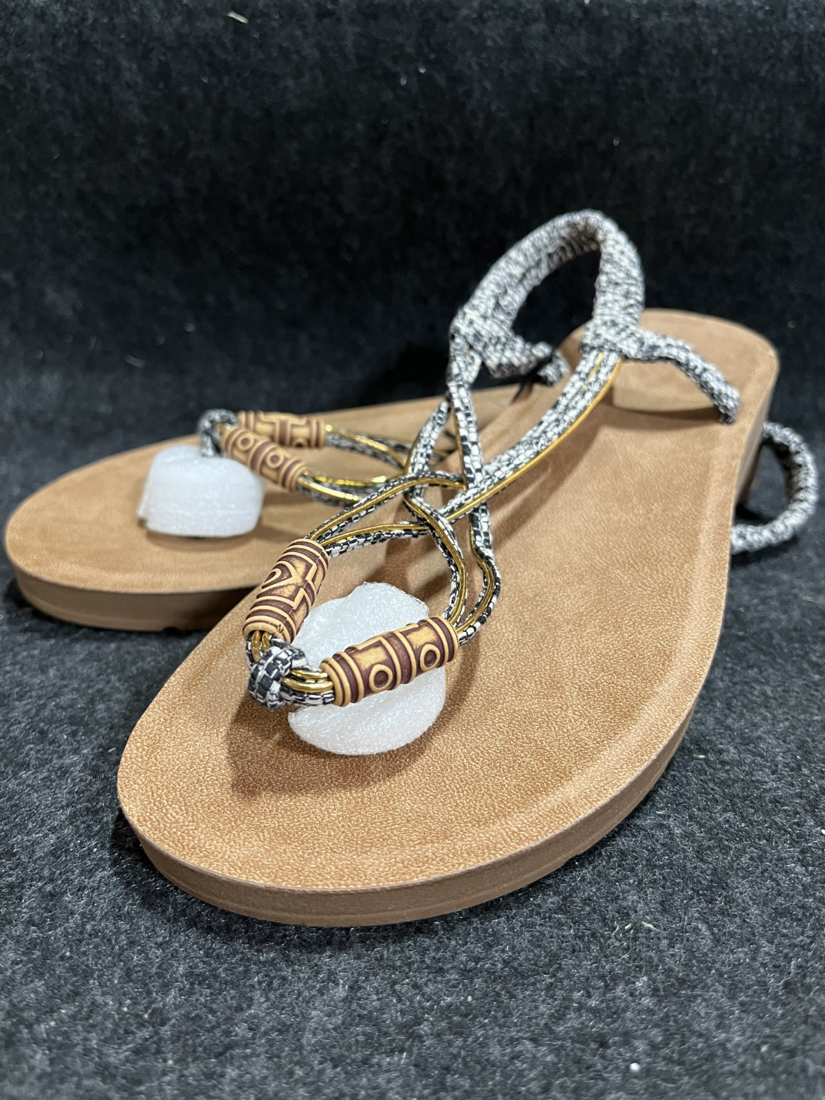 Women Strappy Flat Sandals Boho Lace up Beach Sandals  Size 8,Color:Black+White