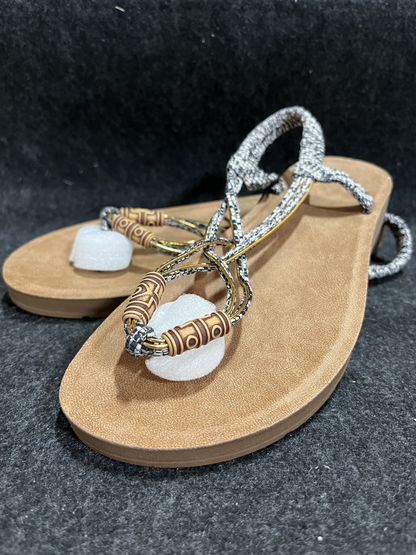 Women Strappy Flat Sandals Boho Lace up Beach Sandals  Size 8,Color:Black+White