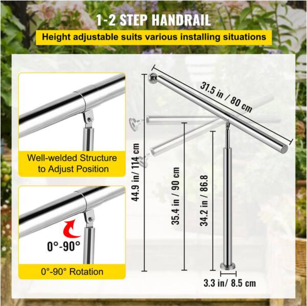 Step Handrail 35.4 in. H x 3.3 in. W Silver 304 Stainless Steel Stair Railing K