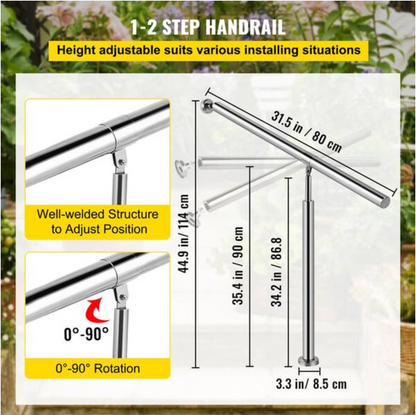 Step Handrail 35.4 in. H x 3.3 in. W Silver 304 Stainless Steel Stair Railing K