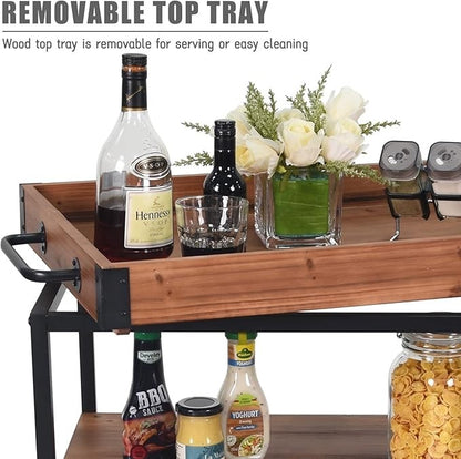 CharaVector Solid Wood Bar Cart with Wine Rack & Locking Wheels – Rustic Brown