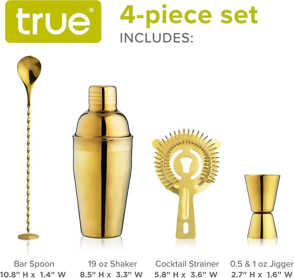 NEW Stainless Steel Barware Set by True Set of 4 shaker, spoon, jigger, strainer
