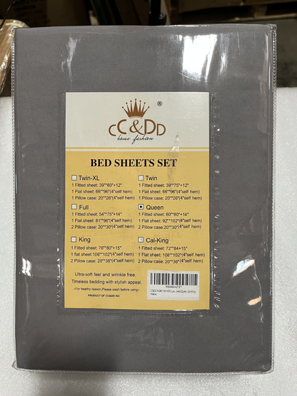 Queen Bed Sheet Set – 1 Fitted Sheet, 1 Flat Sheet, 2 Pillowcases, Solid Gray