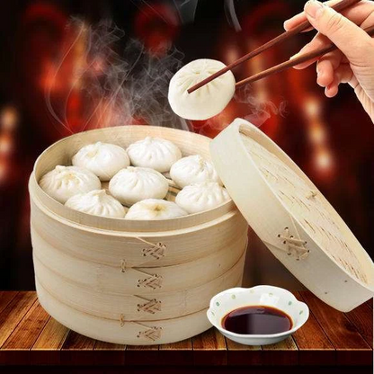 Asian Kitchen Bamboo Cooking Dim Sum Seafood Vegetable Steamer Set Two Tiers