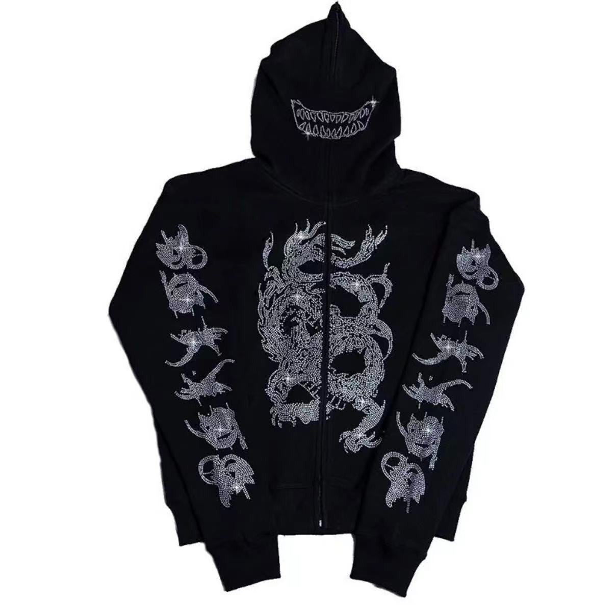 rhinestone dragon Y2K-style full-zip hoodie size (M)
