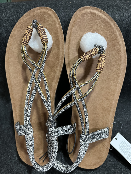 Women Strappy Flat Sandals Boho Lace up Beach Sandals  Size 8,Color:Black+White