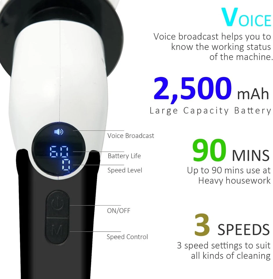 Rechargeable Cordless Spin Scrubber Electric Scrub Cleaning Brush 8 Heads Voice.